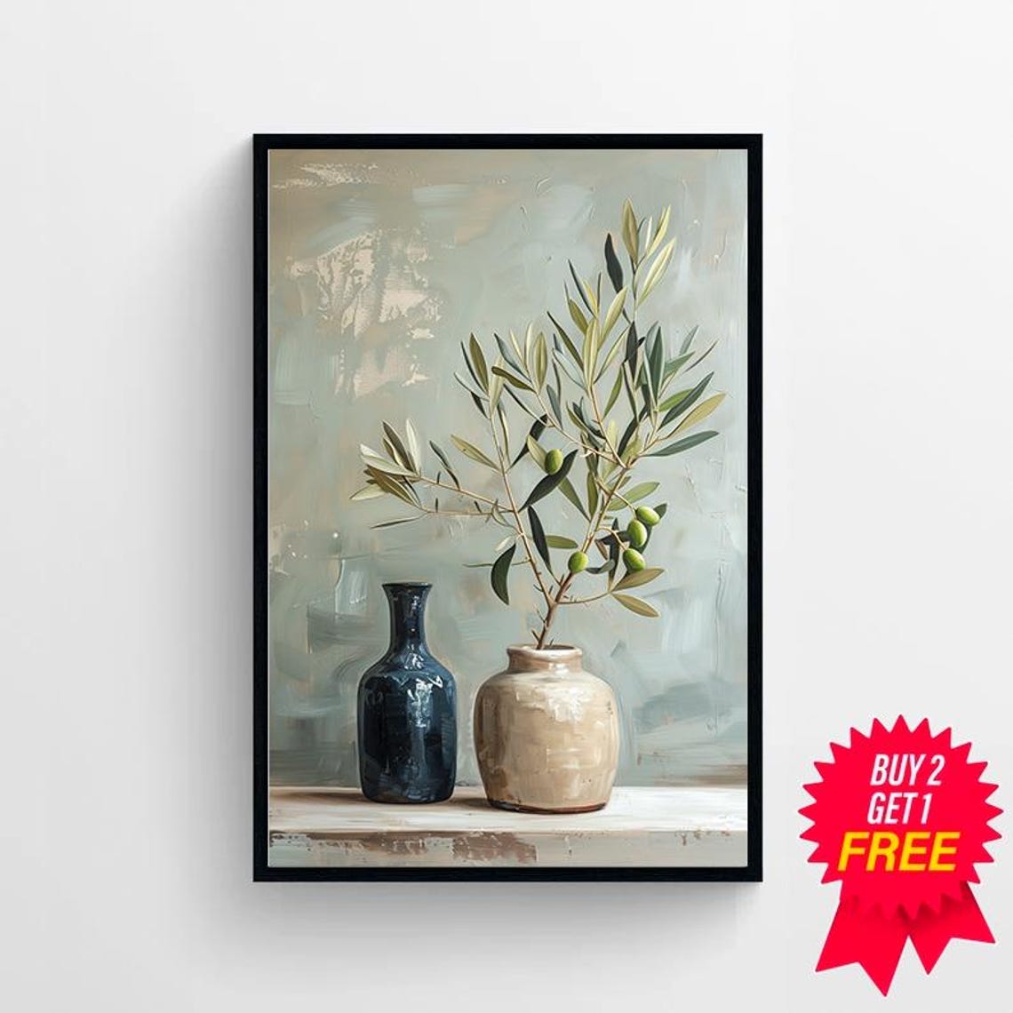 Single Olive Branch in a Ceramic Vase Beside a Blue Bottle Poster - Image 4