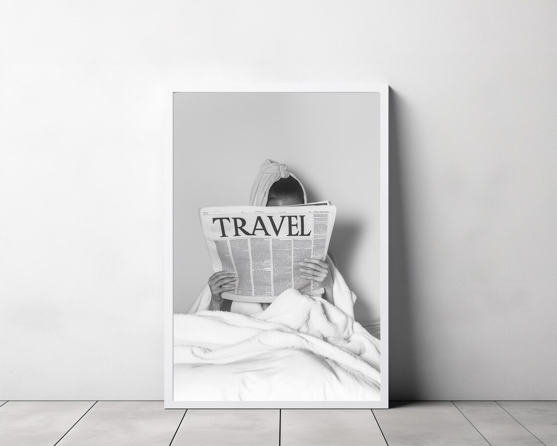 Woman Reading Travel Newspaper In Bed Minimalist Black White Poster - Image 3