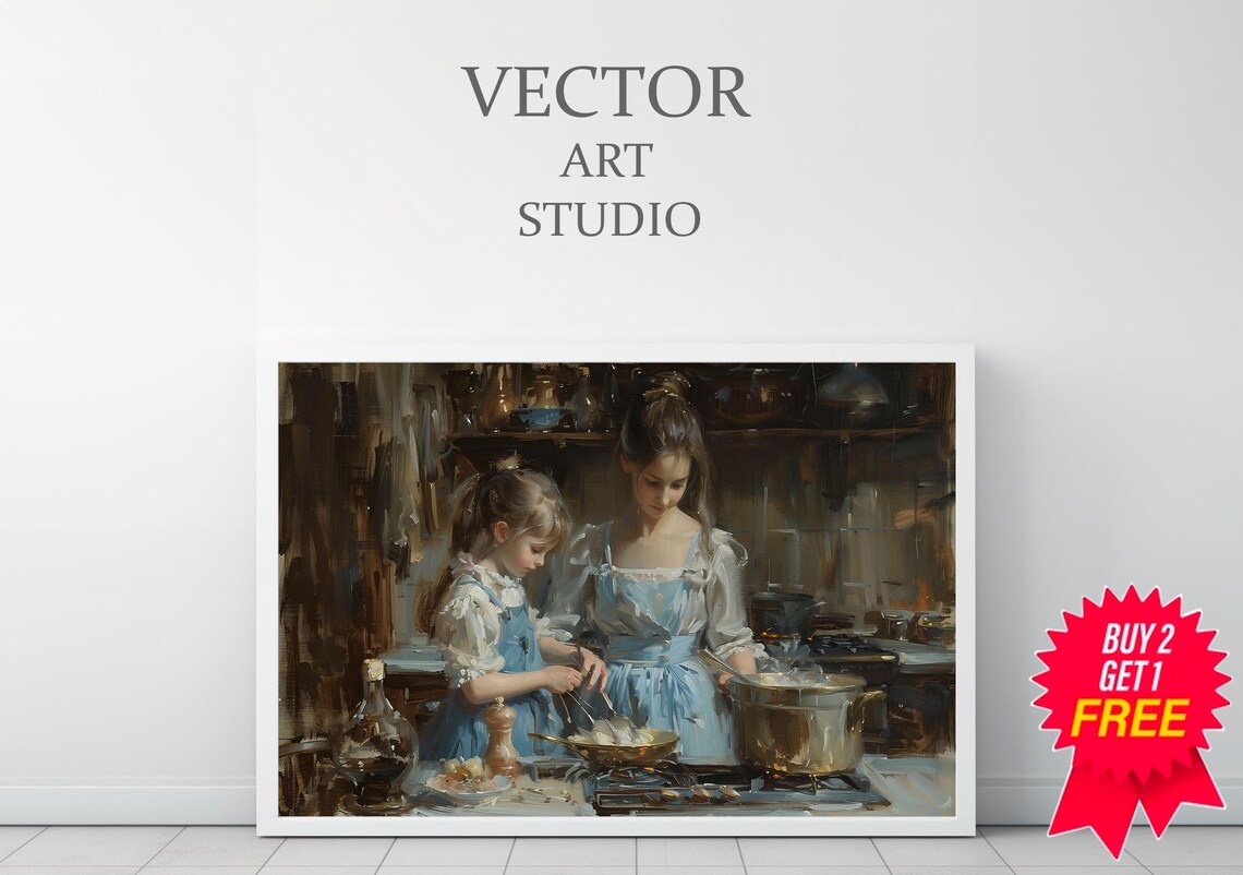 Mother And Daughter Cooking Vintage Rustic Kitchen Oil Painting Poster - Image 3