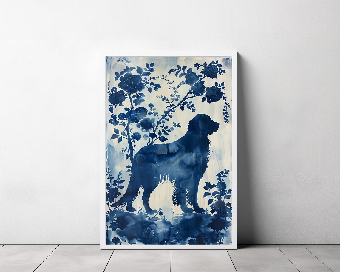 Cobalt Blue Dog with Roses Porcelain Floral Dog Portrait Art Print - Image 3