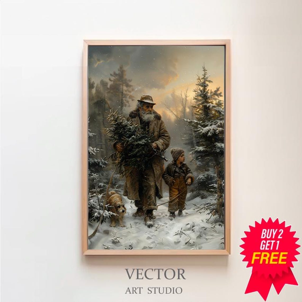 Vintage Christmas Walk Old Man with Tree and Dog in Snow Poster