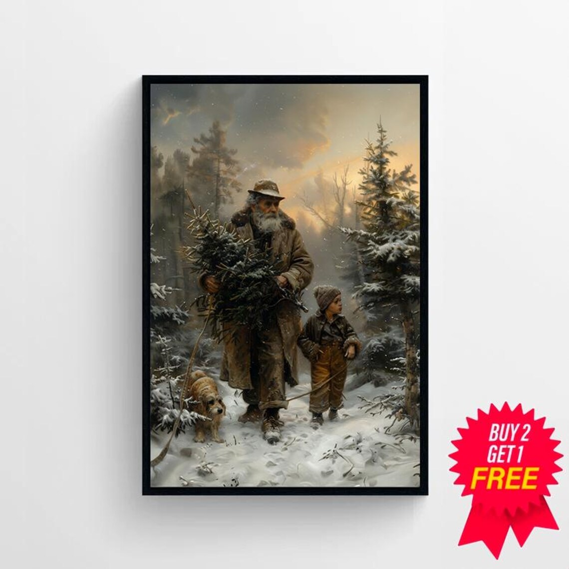 Vintage Christmas Walk Old Man with Tree and Dog in Snow Poster - Image 4