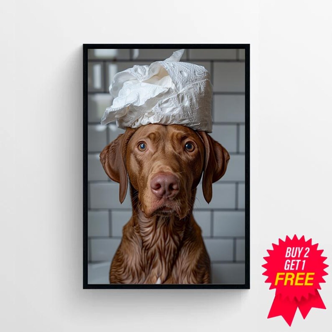 Funny Wide-Eyed Vizsla with Toilet Paper Hat Fresh from Bath Poster - Image 4