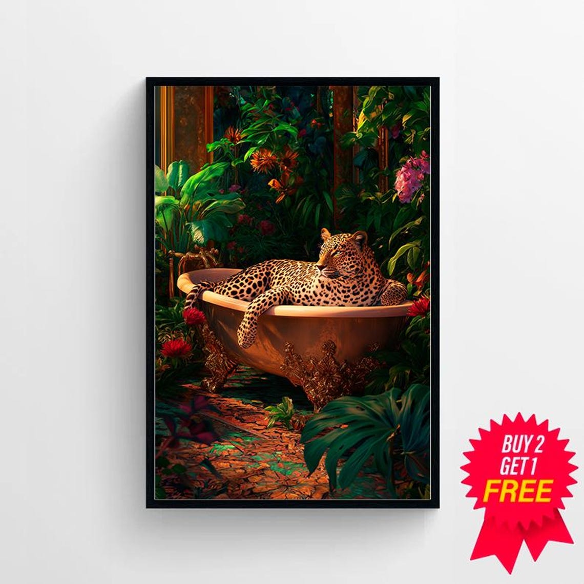Leopard Lounging in a Golden Bathtub in a Lush Jungle Garden Poster - Image 4