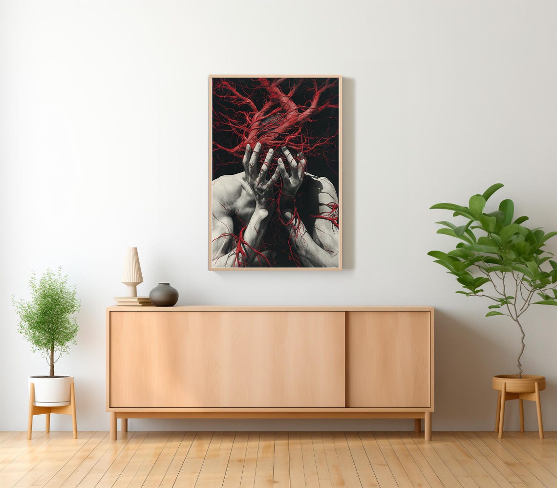Devil Muscular Figure With Hands Over Face Red Veins Dark Art Poster - Image 2
