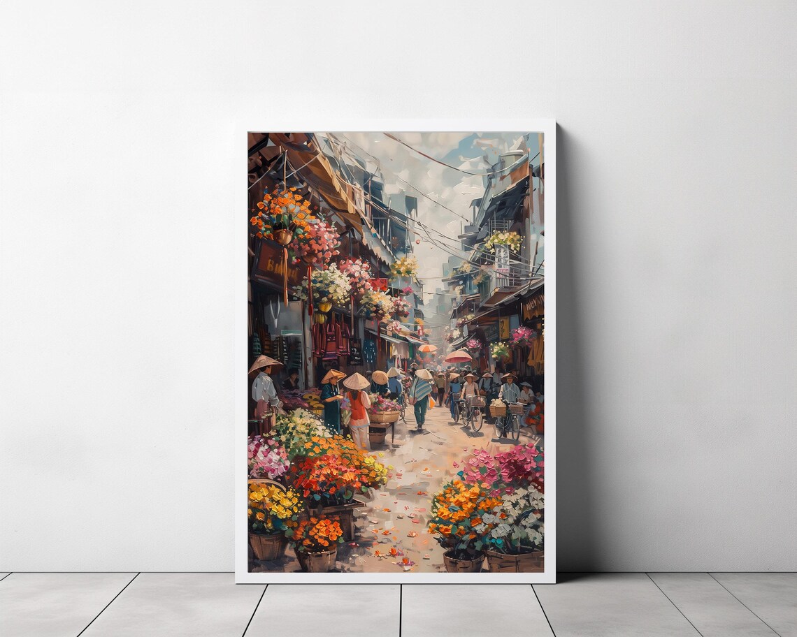 Hanoi Old Quarter Flower Market Alley Vietnam Oil Painting Poster - Image 3
