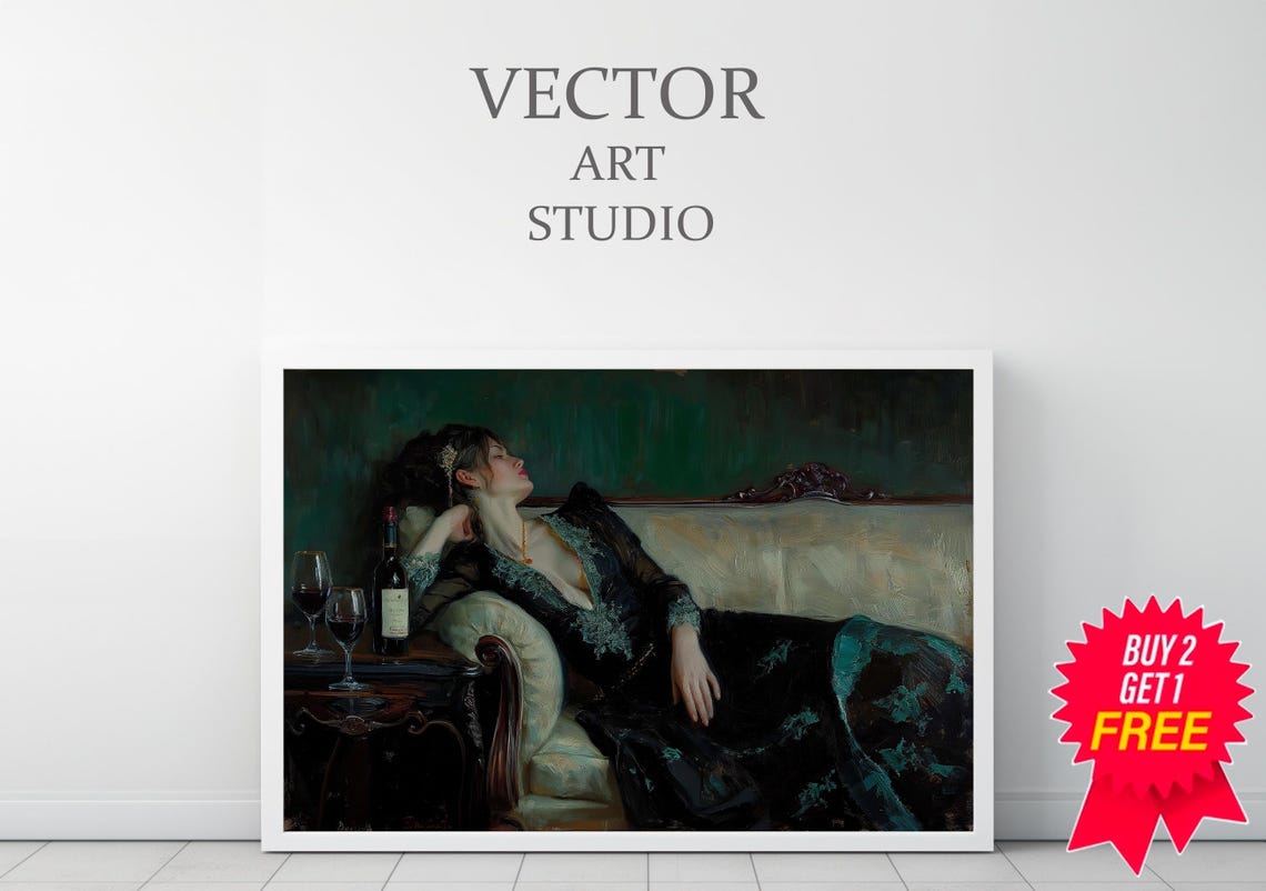 Victorian Woman Reclining On A Chaise With Wine Moody Poster - Image 3