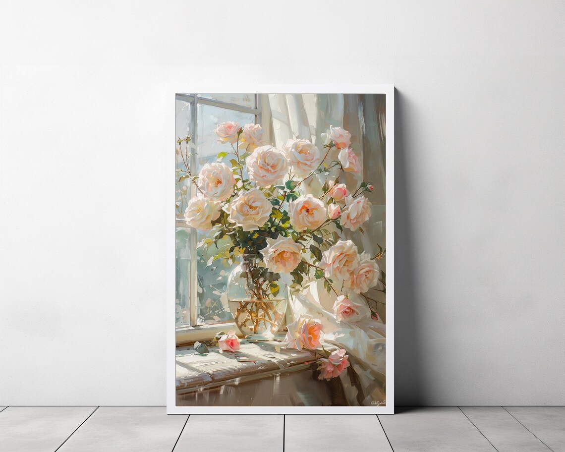White Roses Bouquet in Glass Vase by a Sunlit Window Art Poster - Image 3