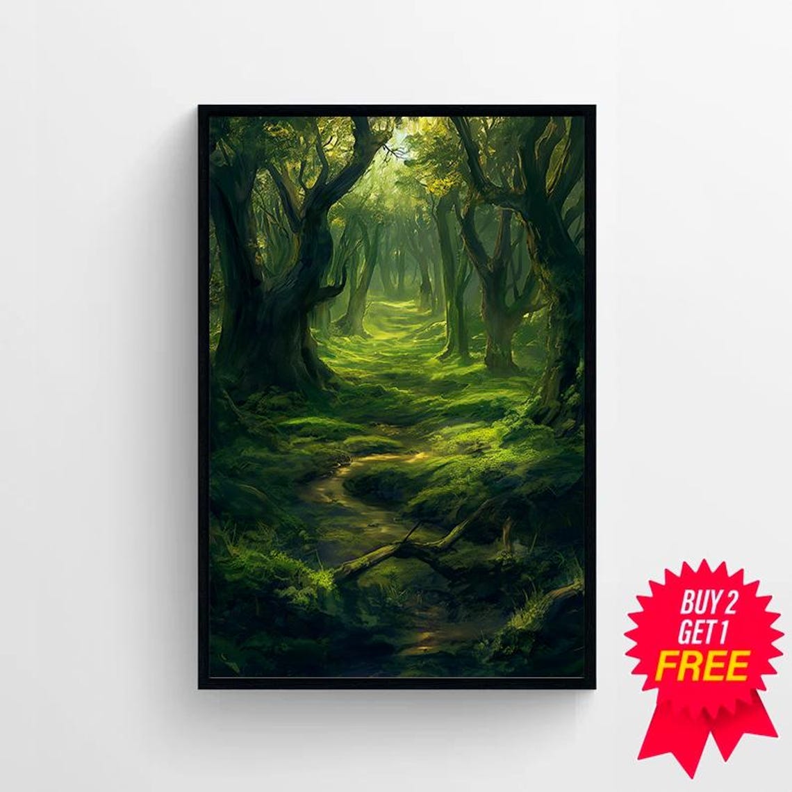 Mossy Enchanted Forest Trail Lit By Sunlight Over Stream Poster - Image 4
