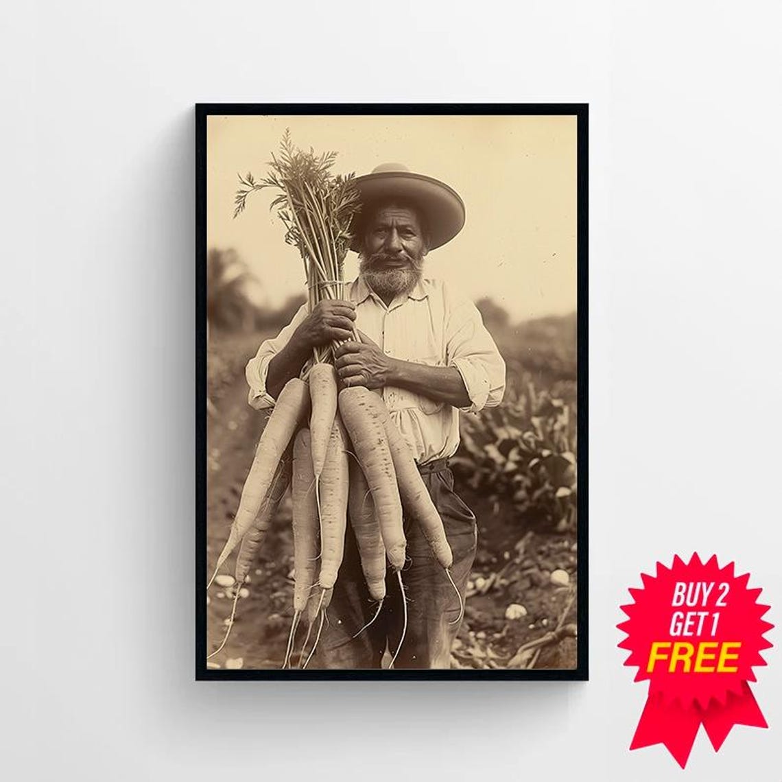 Vintage Sepia Mexican Farmer Holding Giant Harvest Art Poster - Image 4