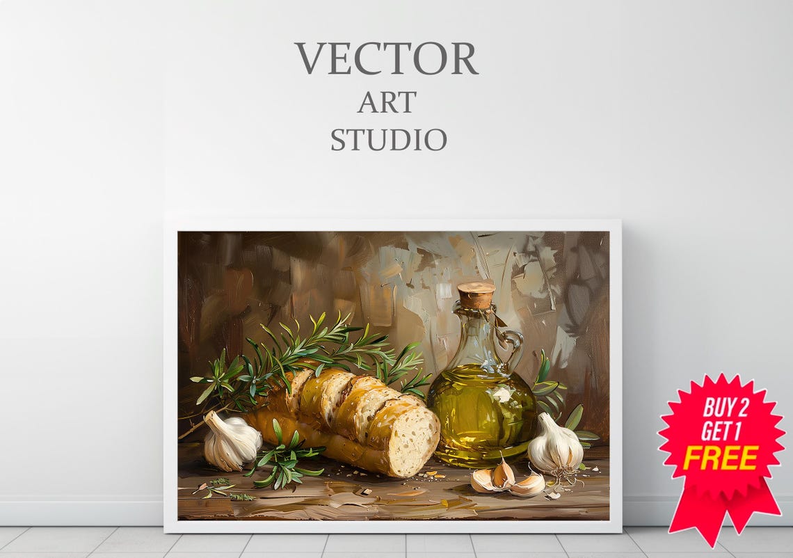 Rustic Bread Olive Oil And Garlic Kitchen Still Life Art Poster - Image 3