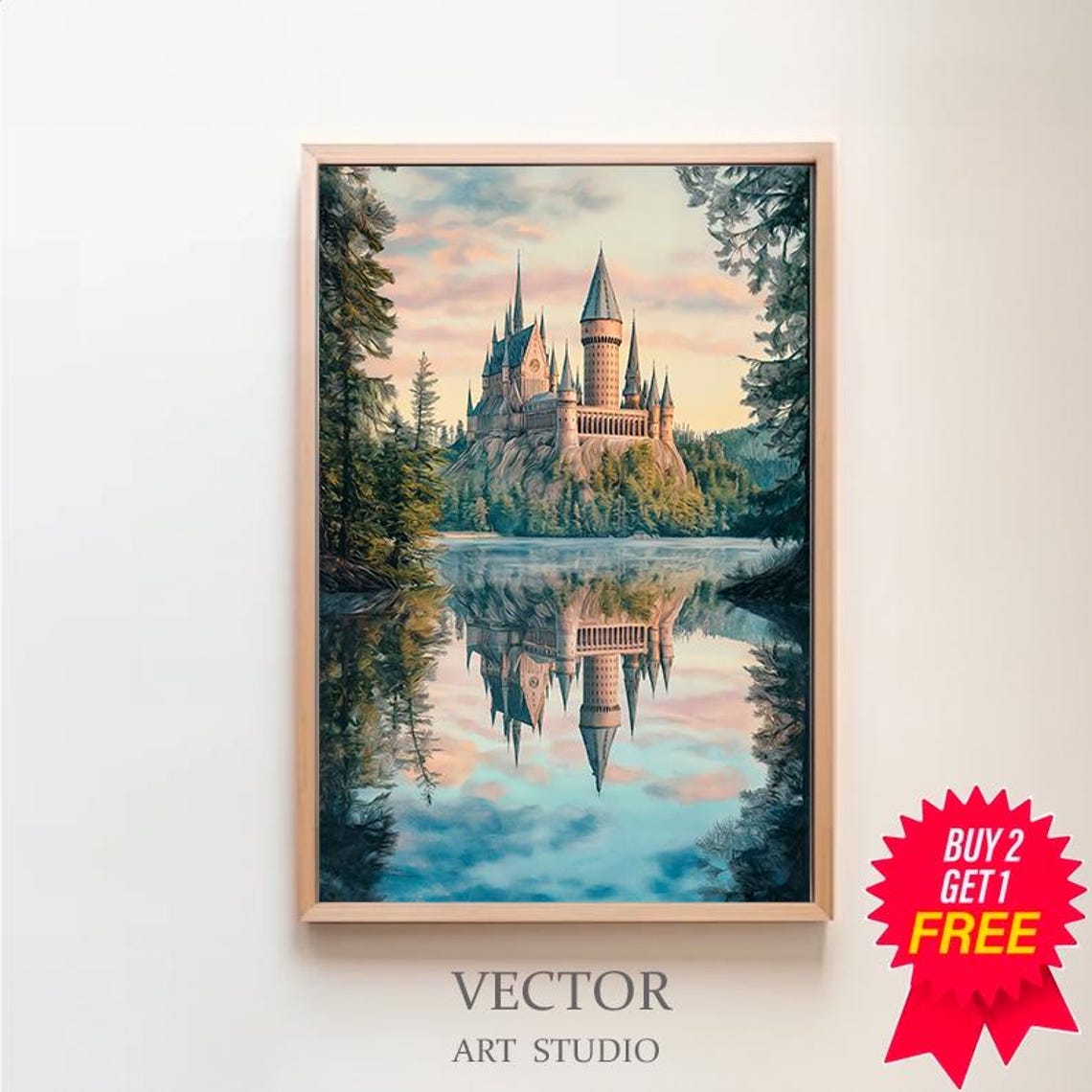 Magical Castle Summer Watercolour Charming Wizard Art Wizarding World Enthusiasts Witchcraft Great Lake At Spring Magical School Print