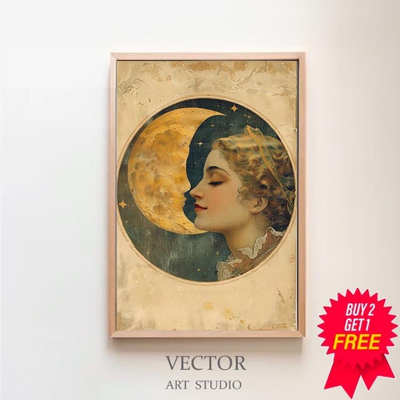 Woman Kissing The Moon Vintage Moon Art Vintage Moon Poster Celestial Art Dear Old Dixie Moon Moon Witch Art