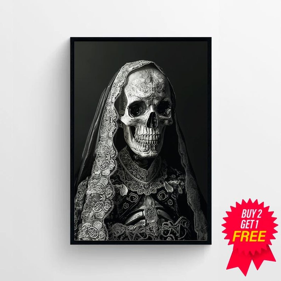 Elegant Lady Skeleton in Black Lace Veil Dark Academia Gothic Poster - Image 4