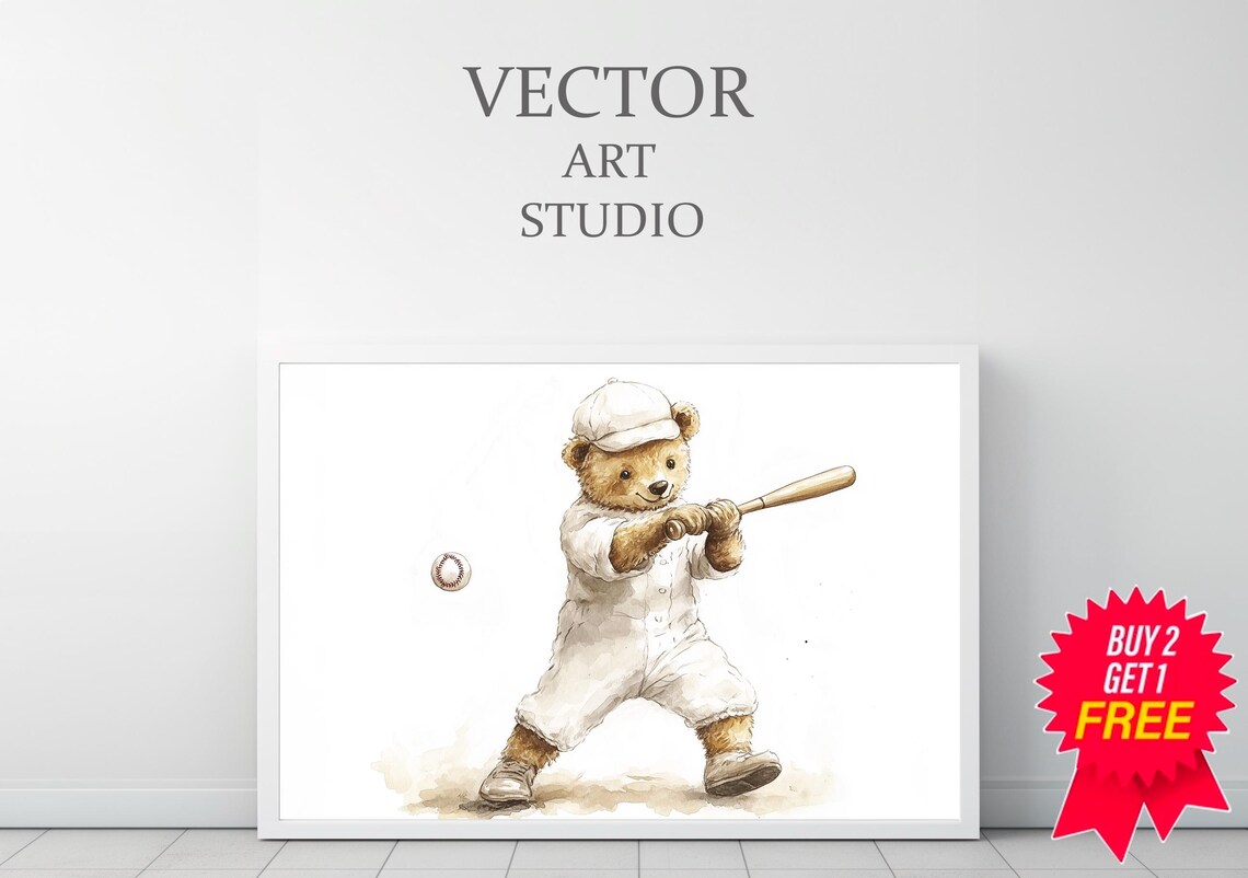 Teddy Bear Baseball Batter Swinging Bat Nursery Sports Poster - Image 3