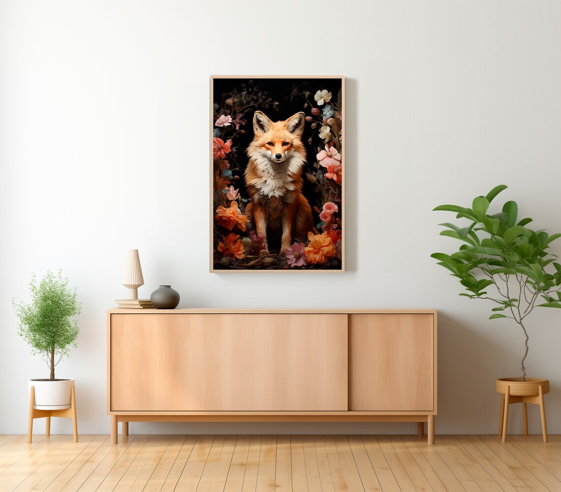 Red Fox Sitting Among Colorful Flowers Dark Floral Wildlife Art Poster - Image 2