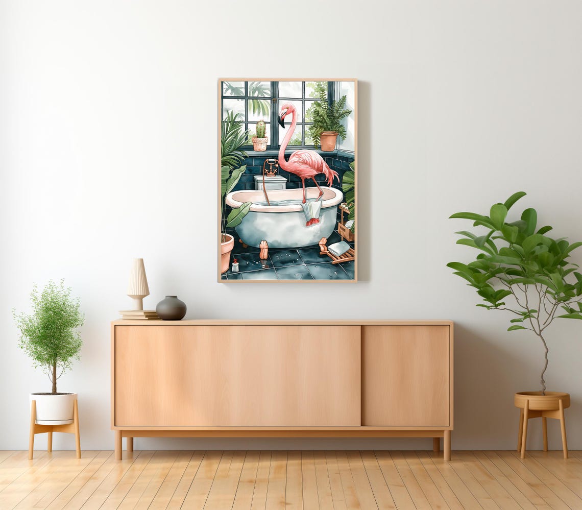Pink Flamingo Standing in Bathtub Tropical Bathroom Watercolor Poster - Image 2