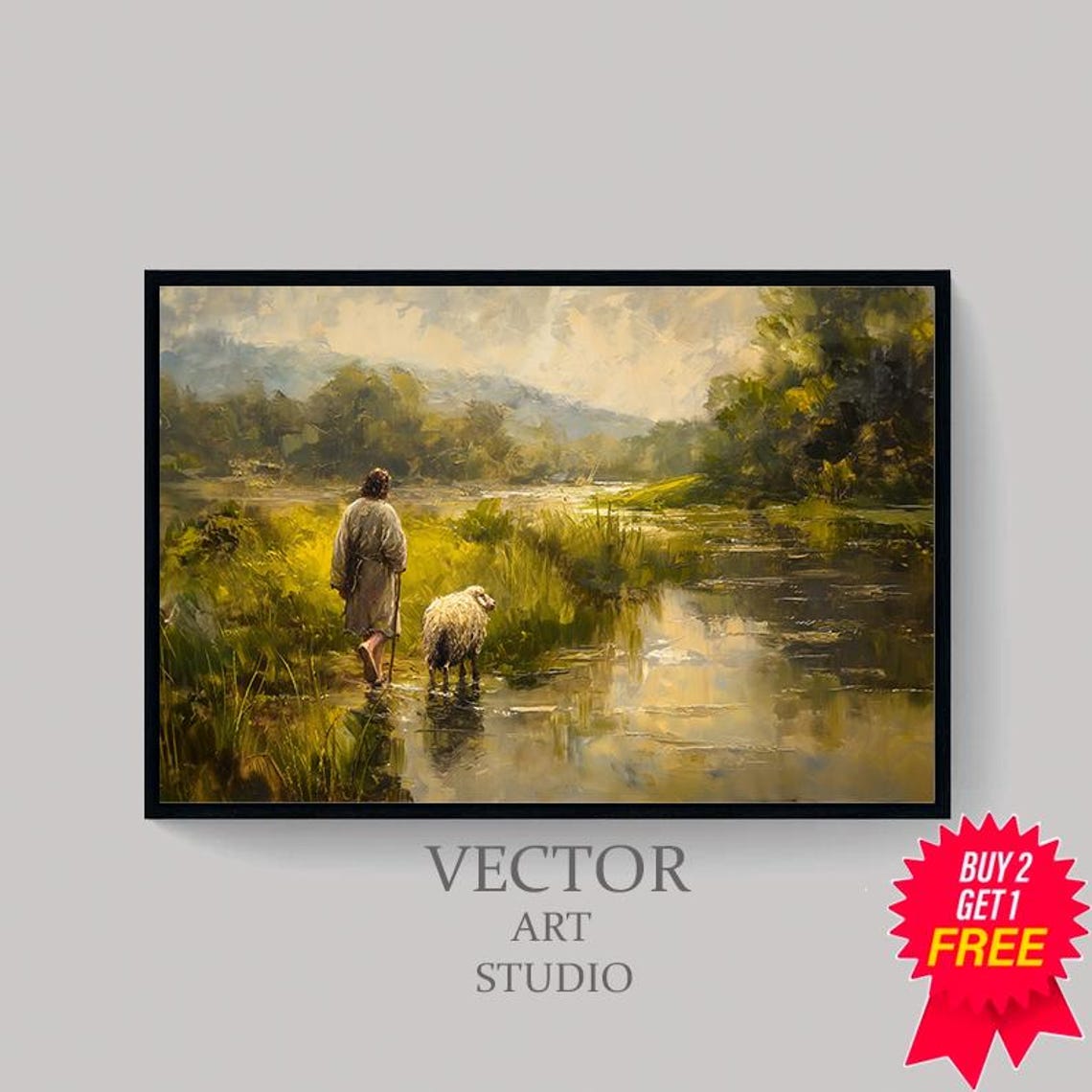 Jesus Leading a Sheep Through a Lush Green Lakeside Meadow Poster - Image 4