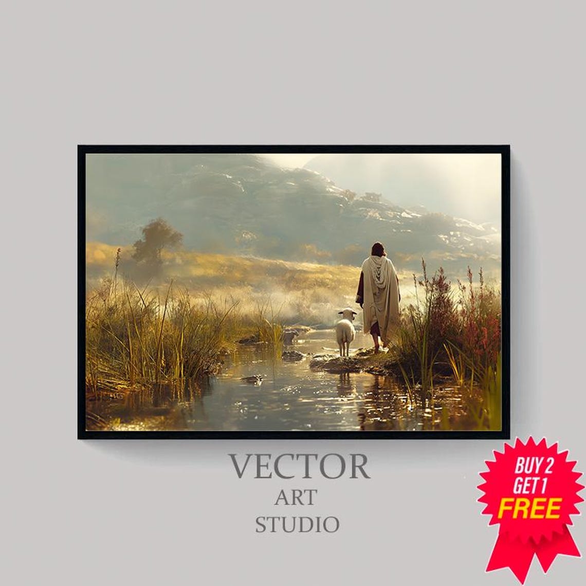 Jesus Walking with a Lamb Beside a Sunlit Mountain Stream Poster - Image 4