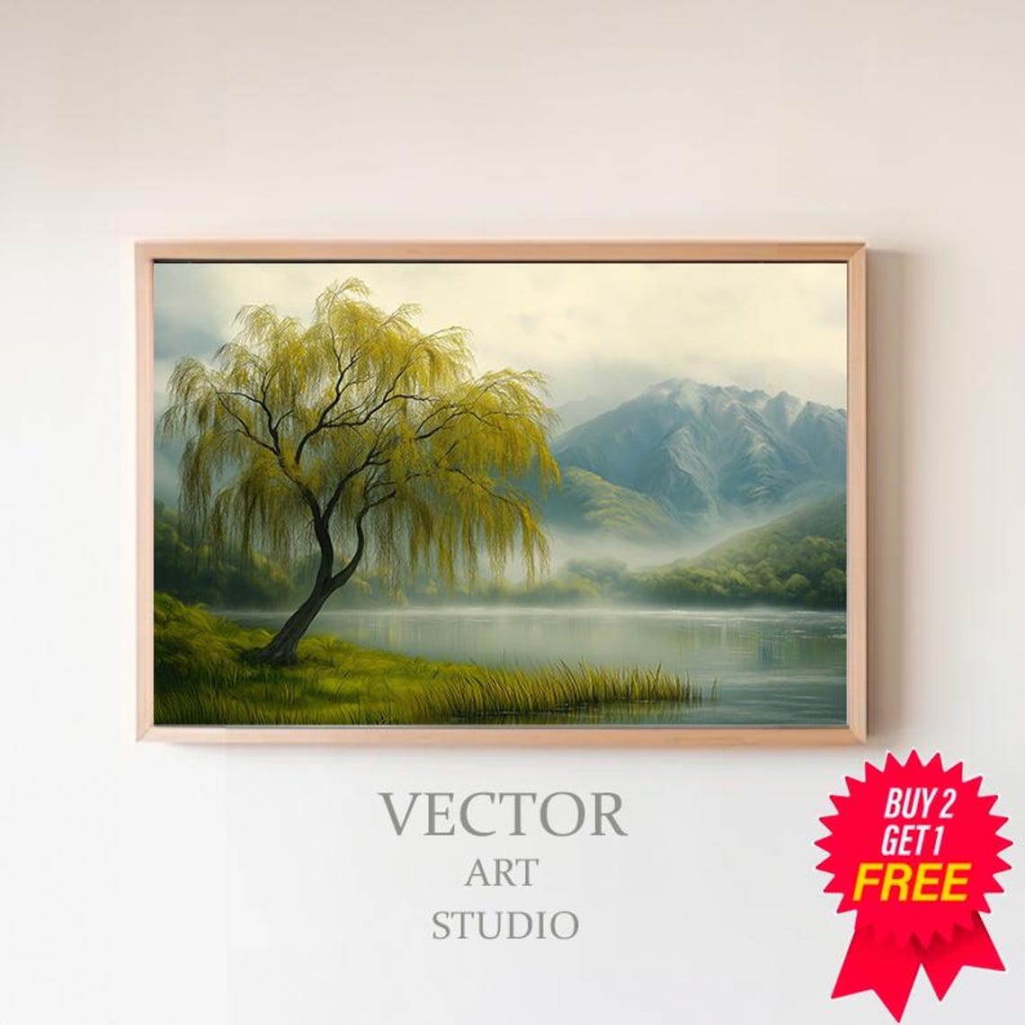 Solitary Yellow Weeping Willow Over a Tranquil Misty Lake Poster