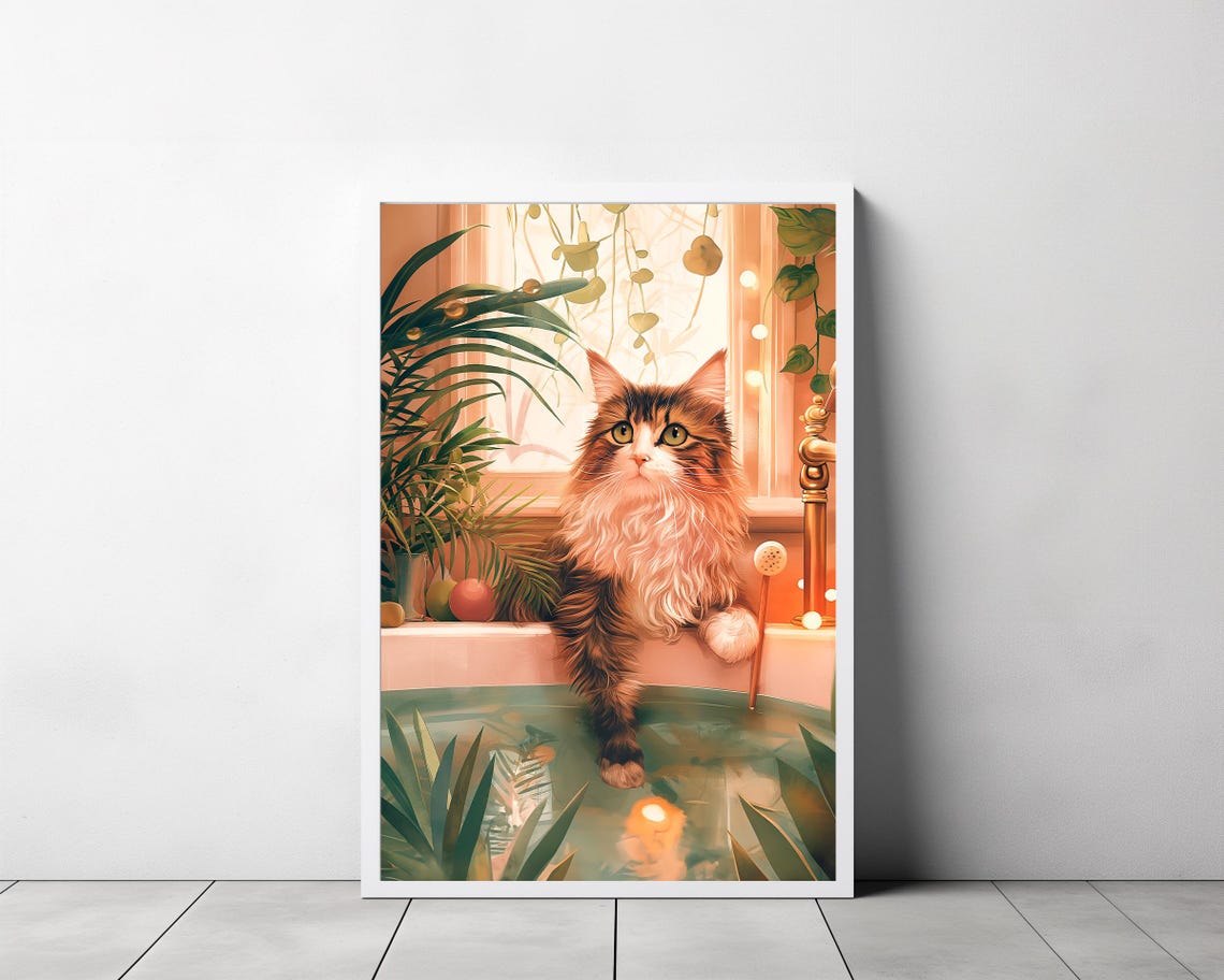 Long Haired Tabby Cat in a Plant Filled Bathtub Spa Art Poster - Image 3
