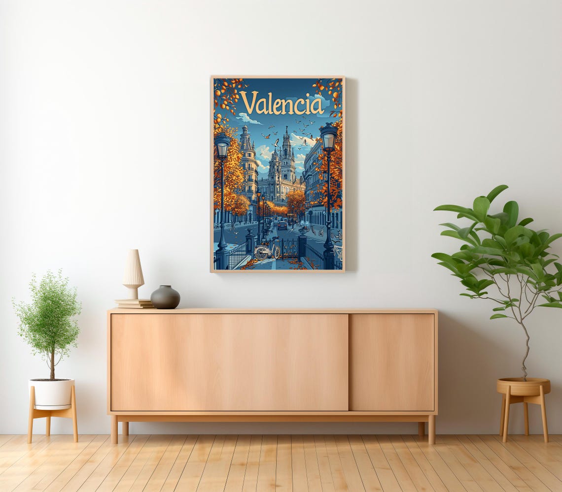 Valencia Spain Retro Travel Poster Autumn Orange Street Scene - Image 2