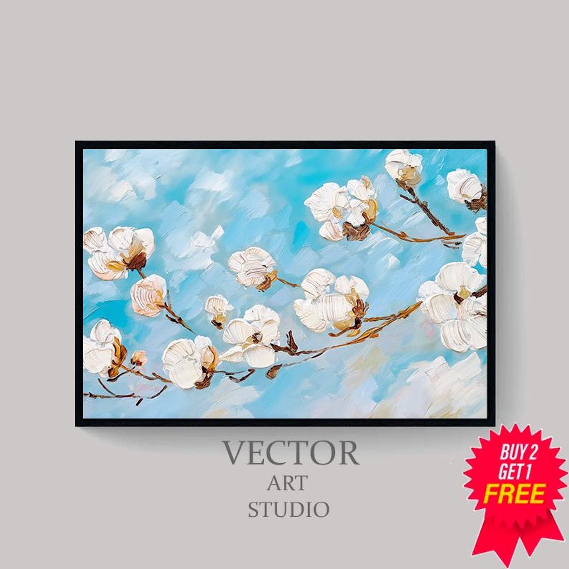 White Blossoms Against Bright Blue Sky Oil Painting Wall Art - Image 4