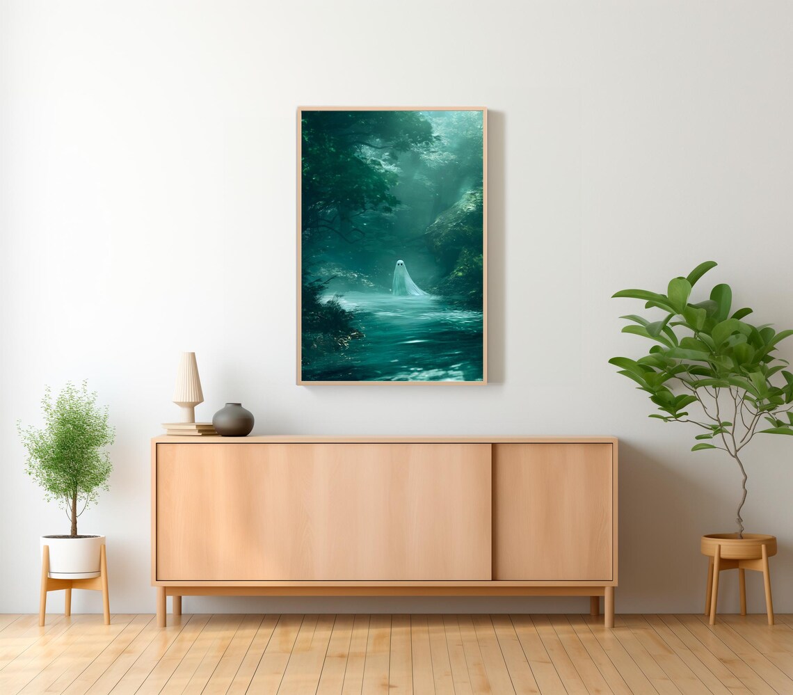 Lone Ghost Floating Over Glowing Teal Lake In Dark Forest Halloween Poster - Image 2