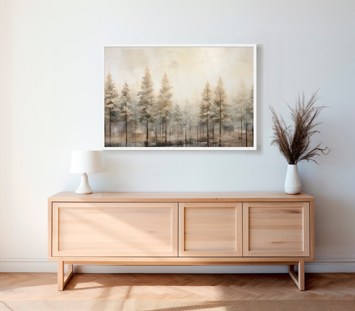 Foggy Pine Forest With Tall Thin Trunks Soft Blue Gray Poster - Image 2