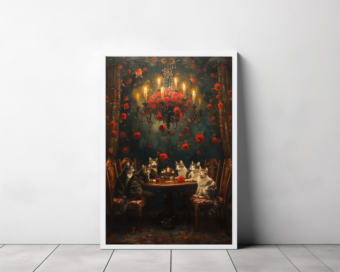 Cats Seated Around a Table Under a Rose Candelabra Chandelier Poster - Image 3