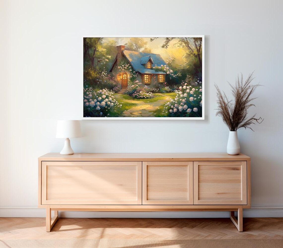 Glowing Cottage White Roses Golden Dusk Vintage Painting Poster - Image 2