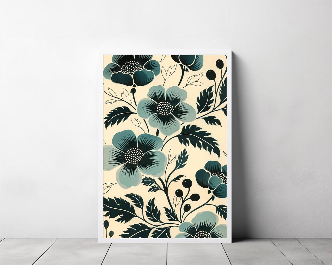 Sage Green Folk Flowers on Cream Boho Botanical Style Poster - Image 3
