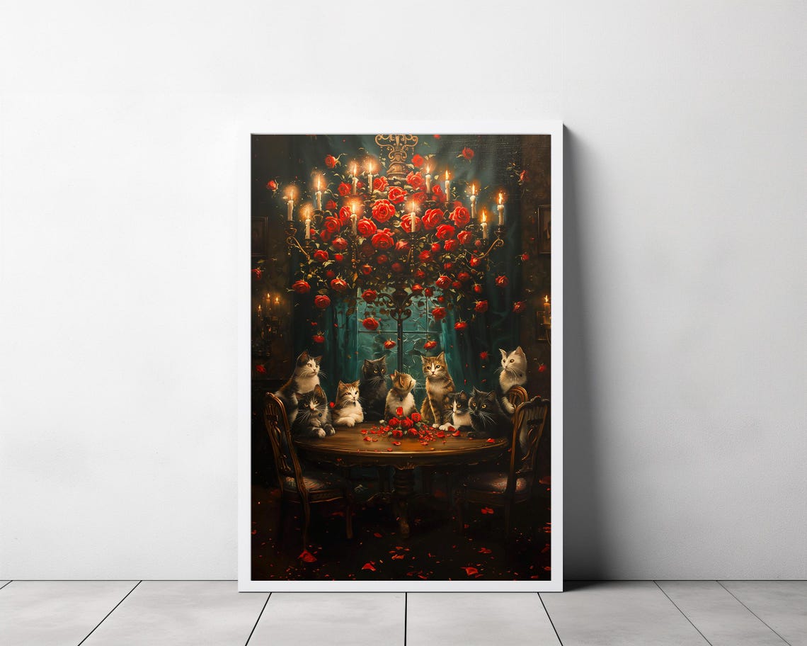 Cats Feasting at a Round Wooden Table Under Candlelight Poster - Image 3