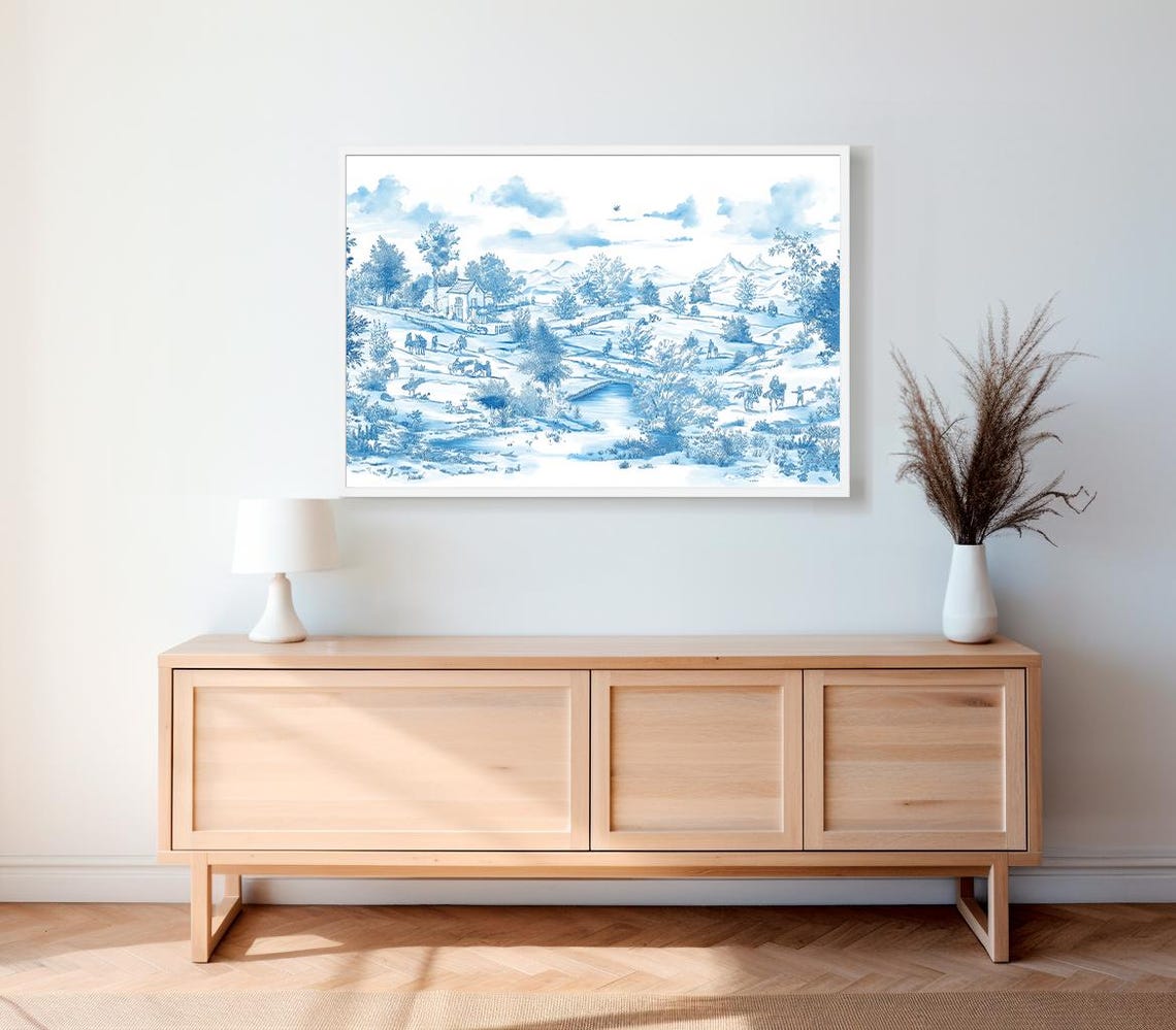 Blue Toile River Landscape With Village Bridge Vintage Poster - Image 2
