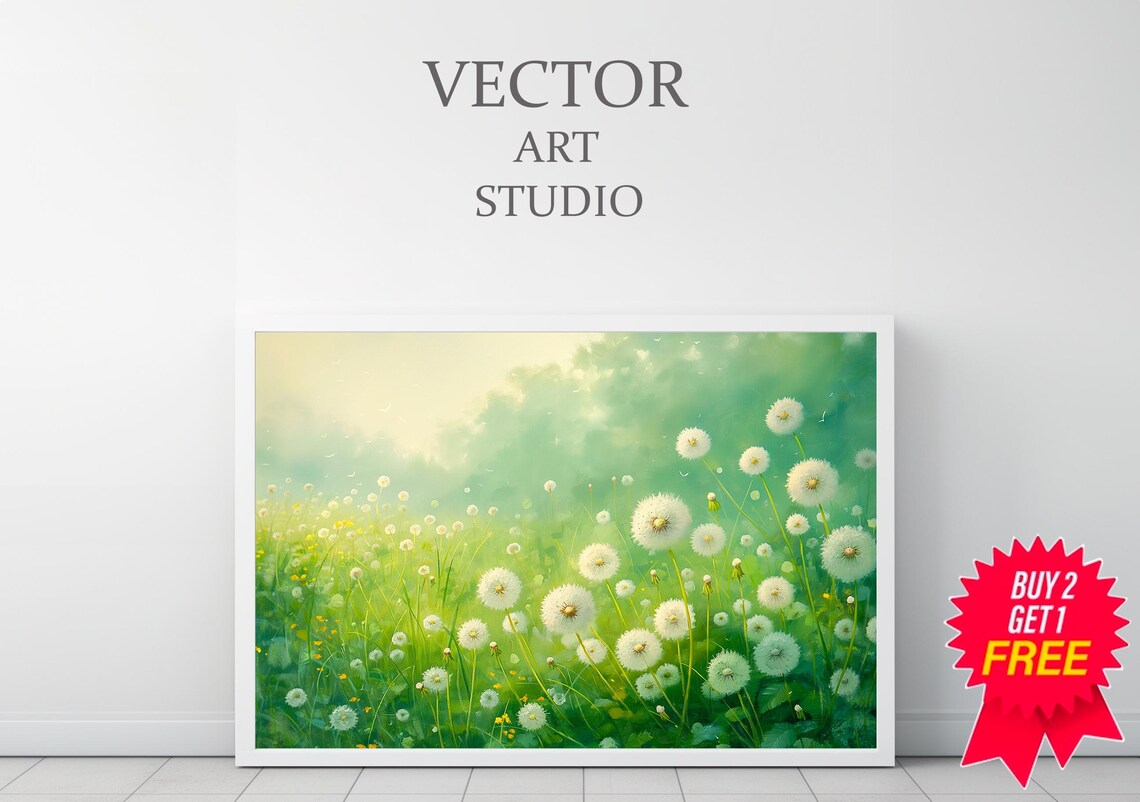 Dreamy Field of White Dandelion Puffs in Green Meadow Poster - Image 3