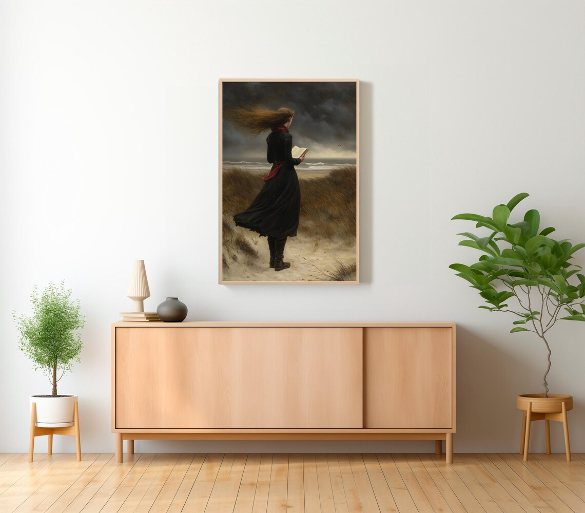 Woman With Red Scarf Reading On Windy Coastal Dunes Art Poster - Image 2