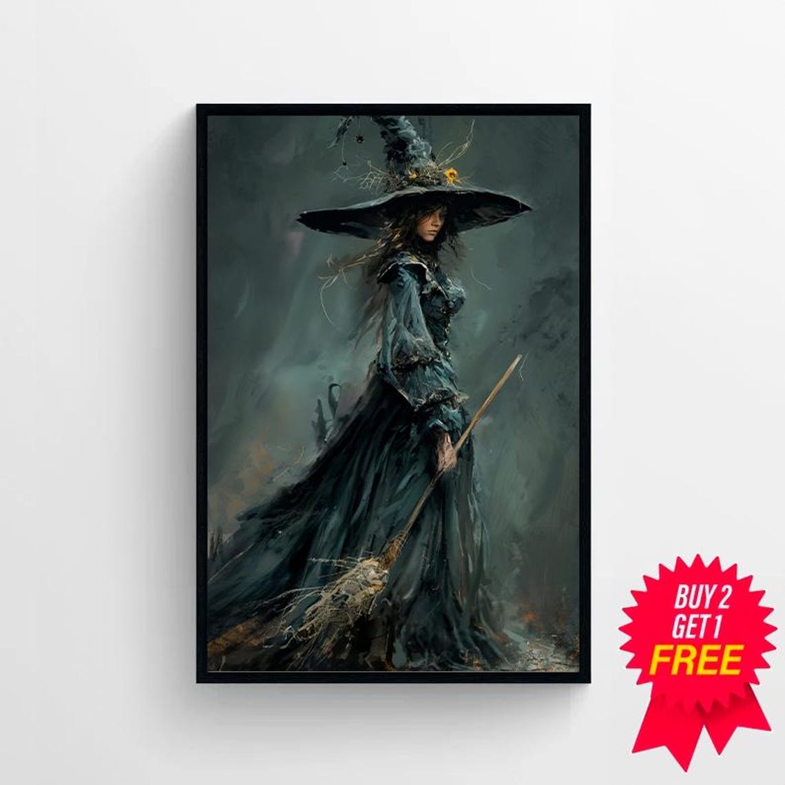 Dark Elegant Witch with Tall Hat and Broom Moody Halloween Art Poster - Image 4