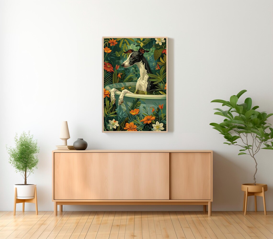Greyhound Dog Bath Time Paws Over Tub Tropical Flowers Bathroom Poster - Image 2