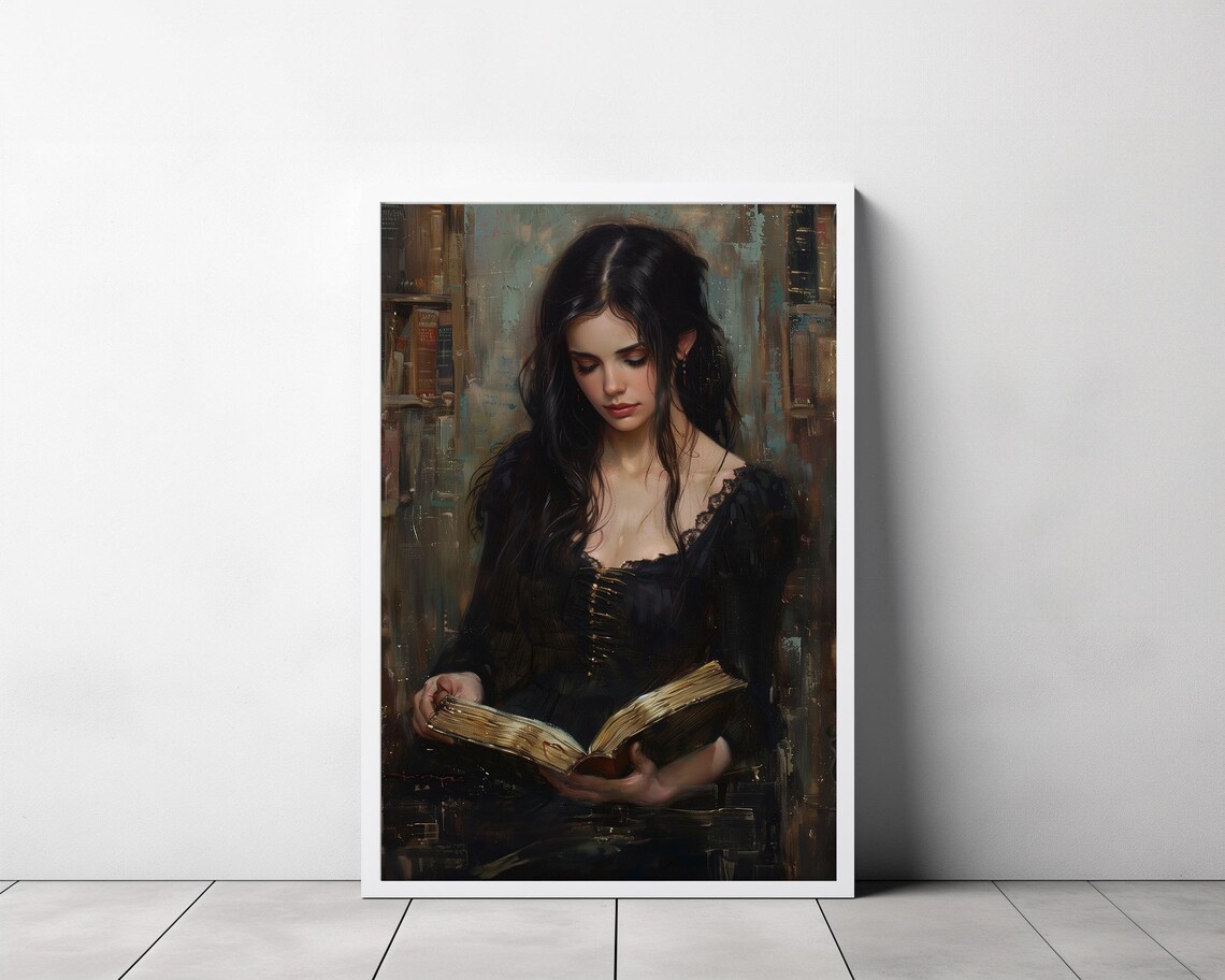 Woman Reading in Old Library Vintage Dark Academia Oil Art Print - Image 3