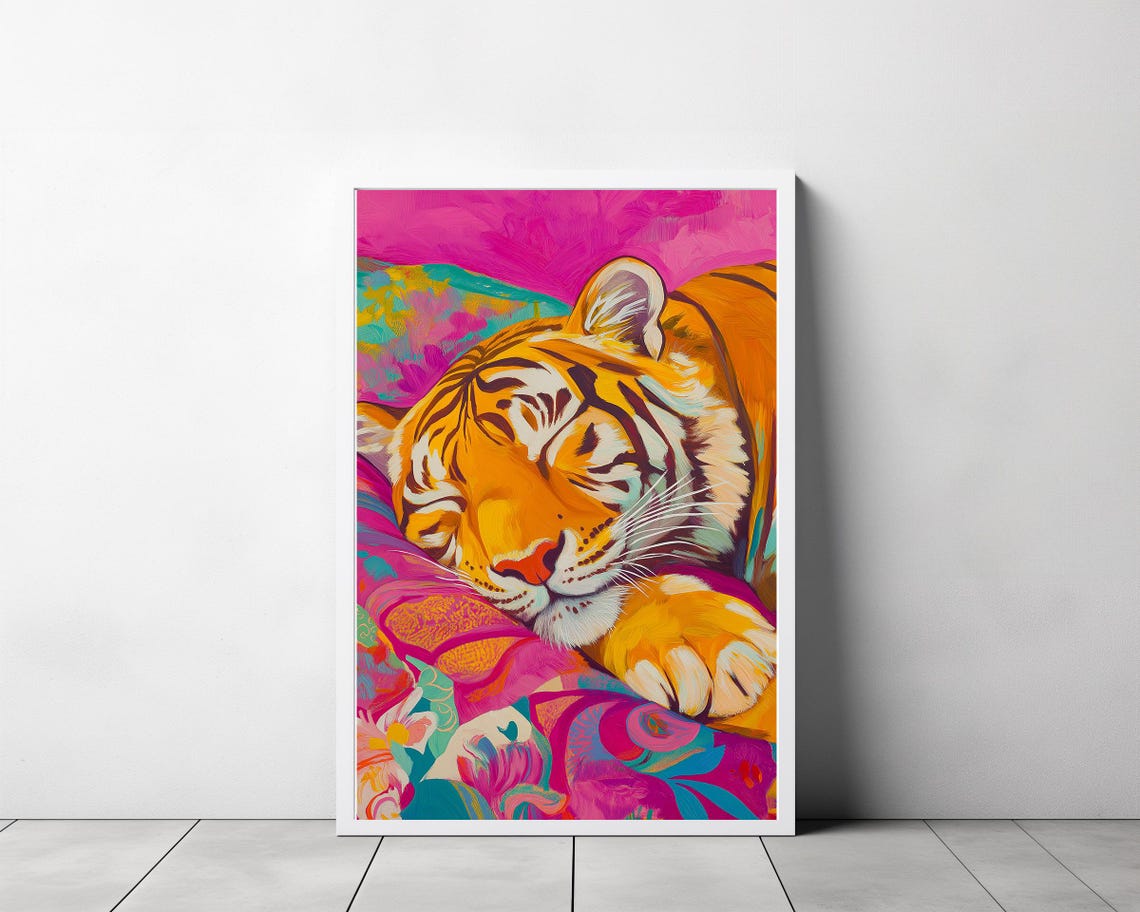 Sleeping Tiger Resting on a Vivid Magenta Maximalist Floral Bed Poster - Image 3