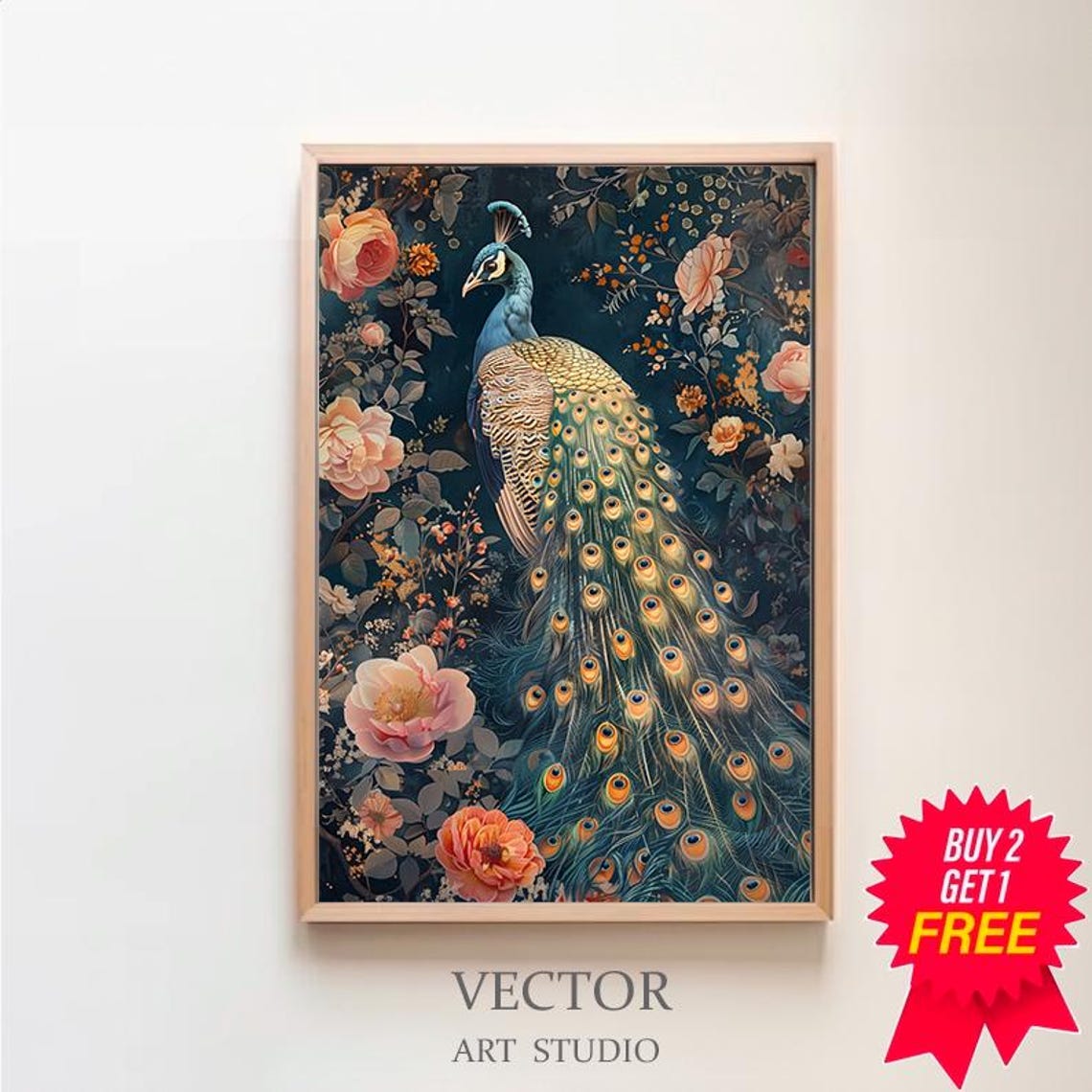 Majestic Peacock Among Blooming Peach Roses on Dark Teal Wall Poster