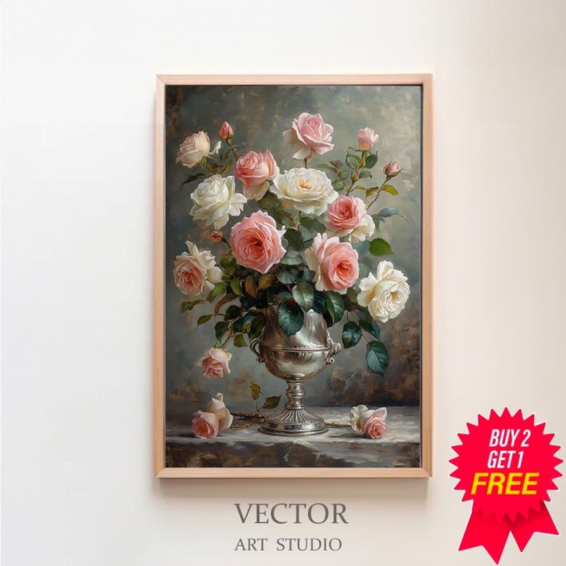 Pink and White Roses in Silver Urn Classic Floral Still Life Poster