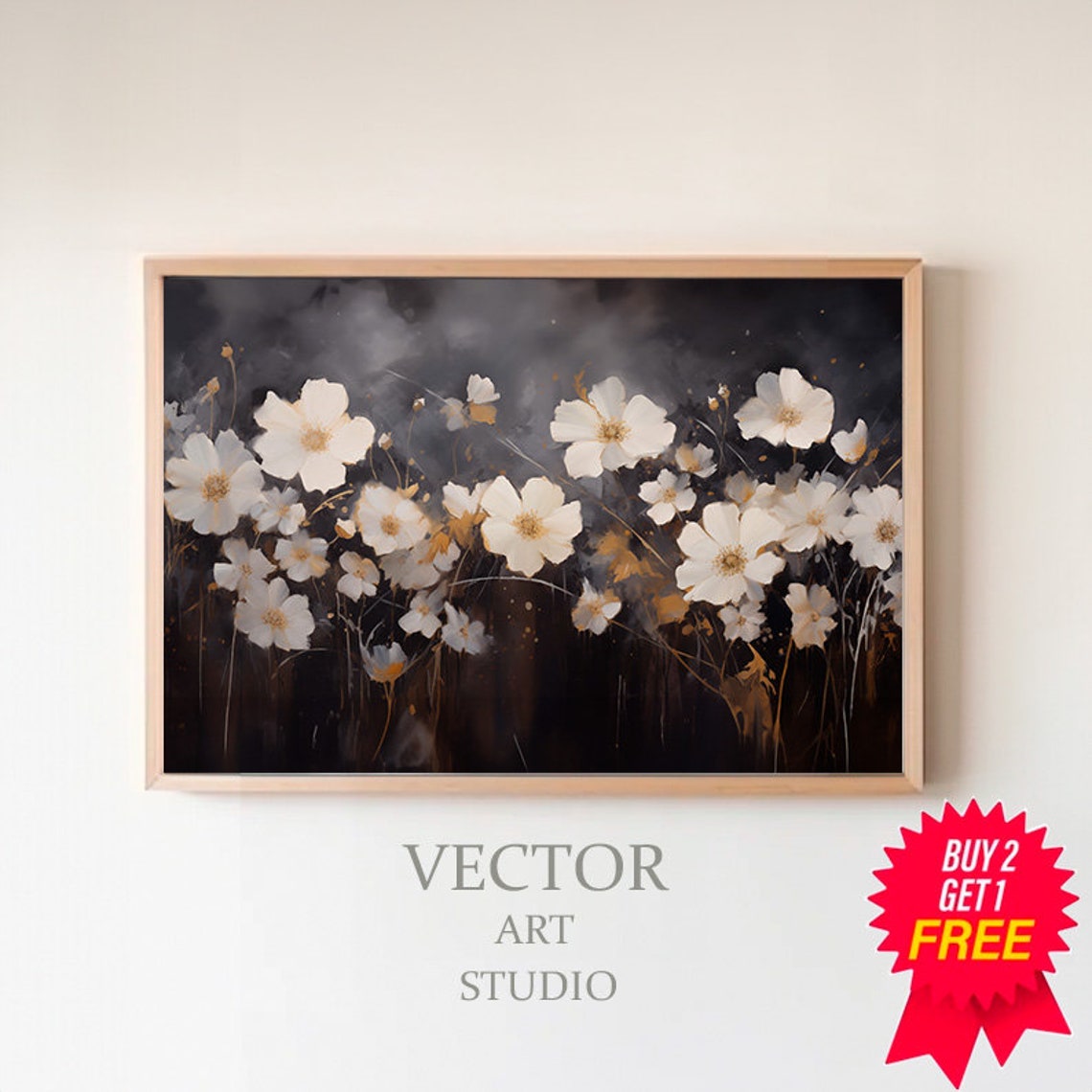 White Cosmos Flowers on Dark Charcoal Moody Floral Painting Art Poster