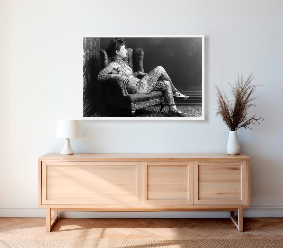 Vintage Tattooed Lady In Armchair Black And White Photo Poster - Image 2