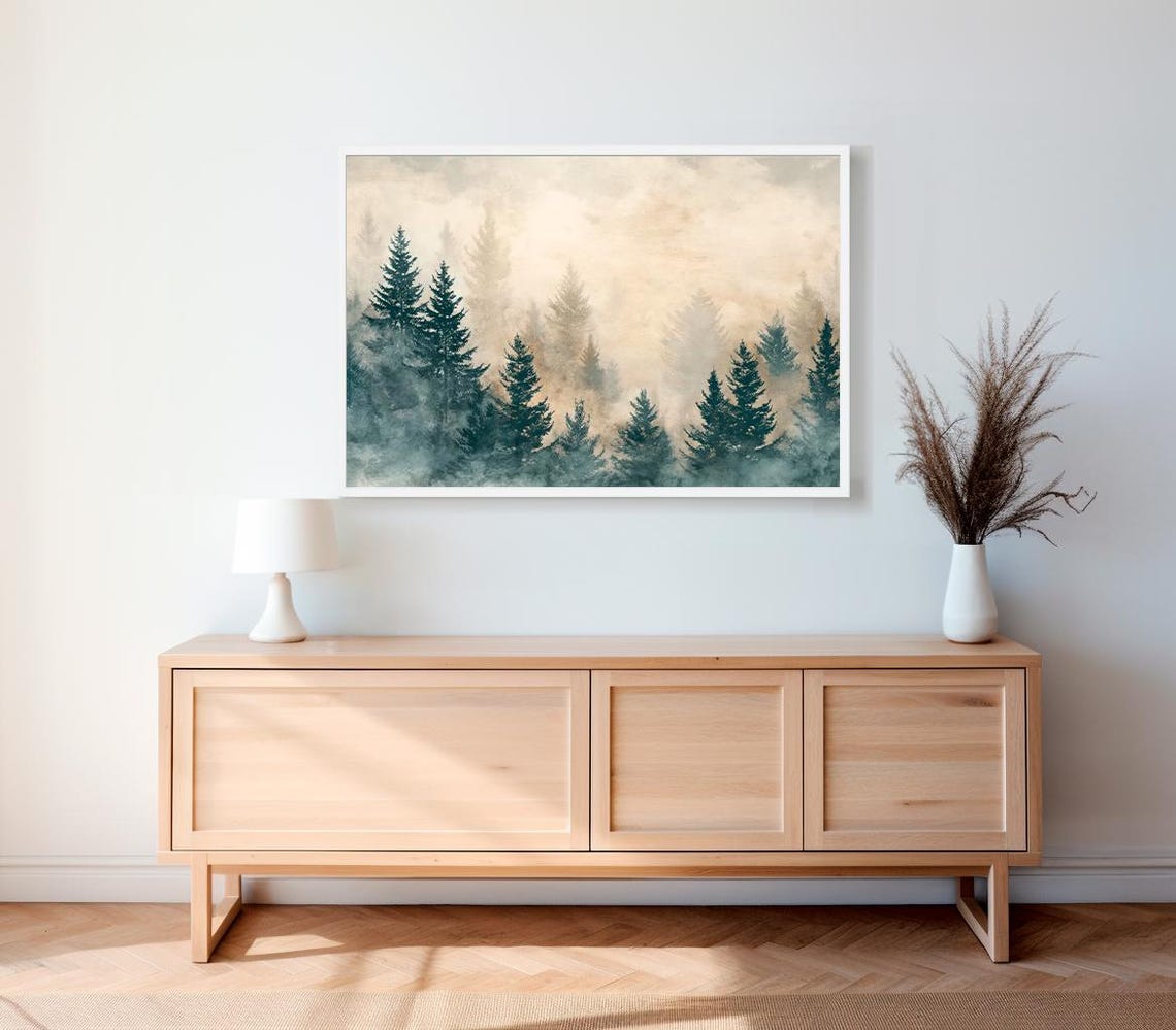 Soft Foggy Pine Forest Fading into Beige Mist in Watercolor Art Poster - Image 2