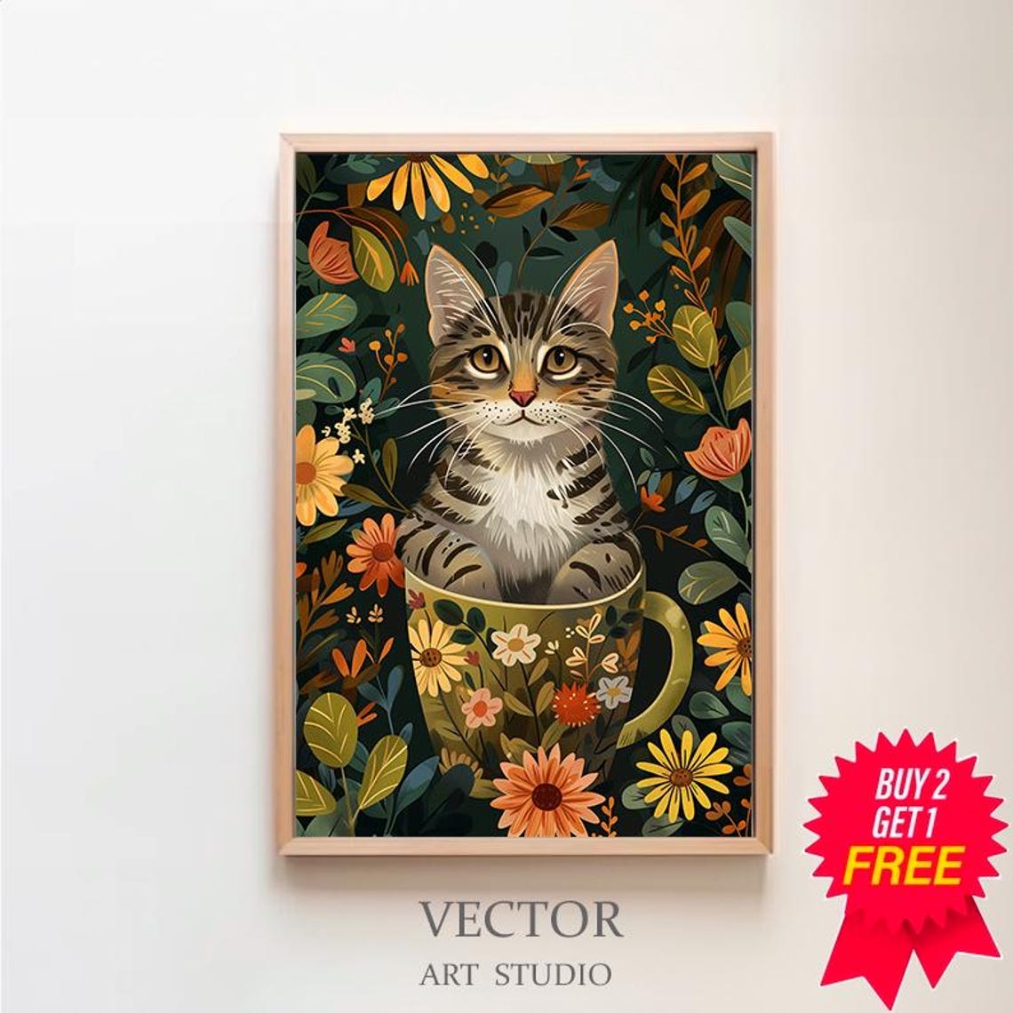 Adorable Tabby Kitten in Decorative Floral Teacup Jungle Poster