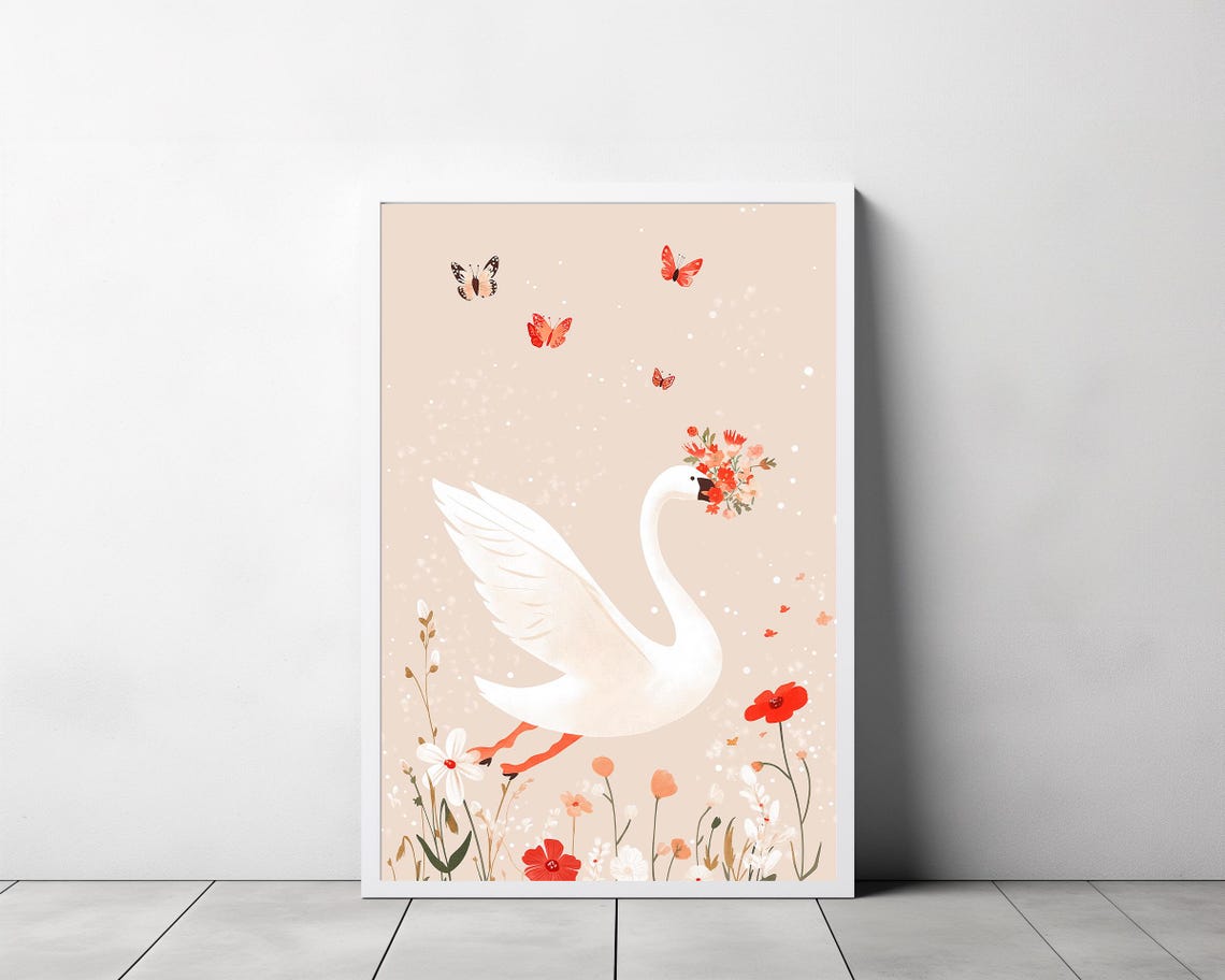 Swan with Floral Crown Carrying Bouquet Whimsical Nursery Poster - Image 3