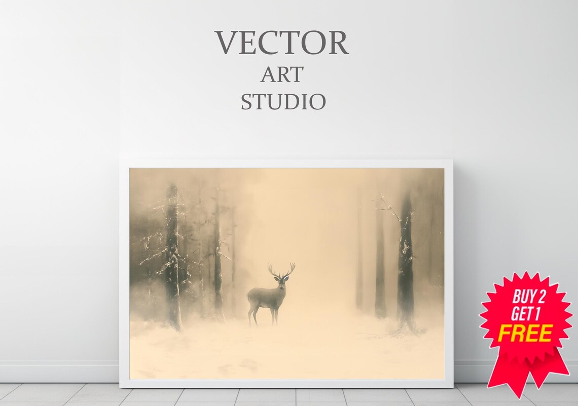 Deer In Misty Winter Forest Foggy Neutral Wildlife Painting Poster - Image 3