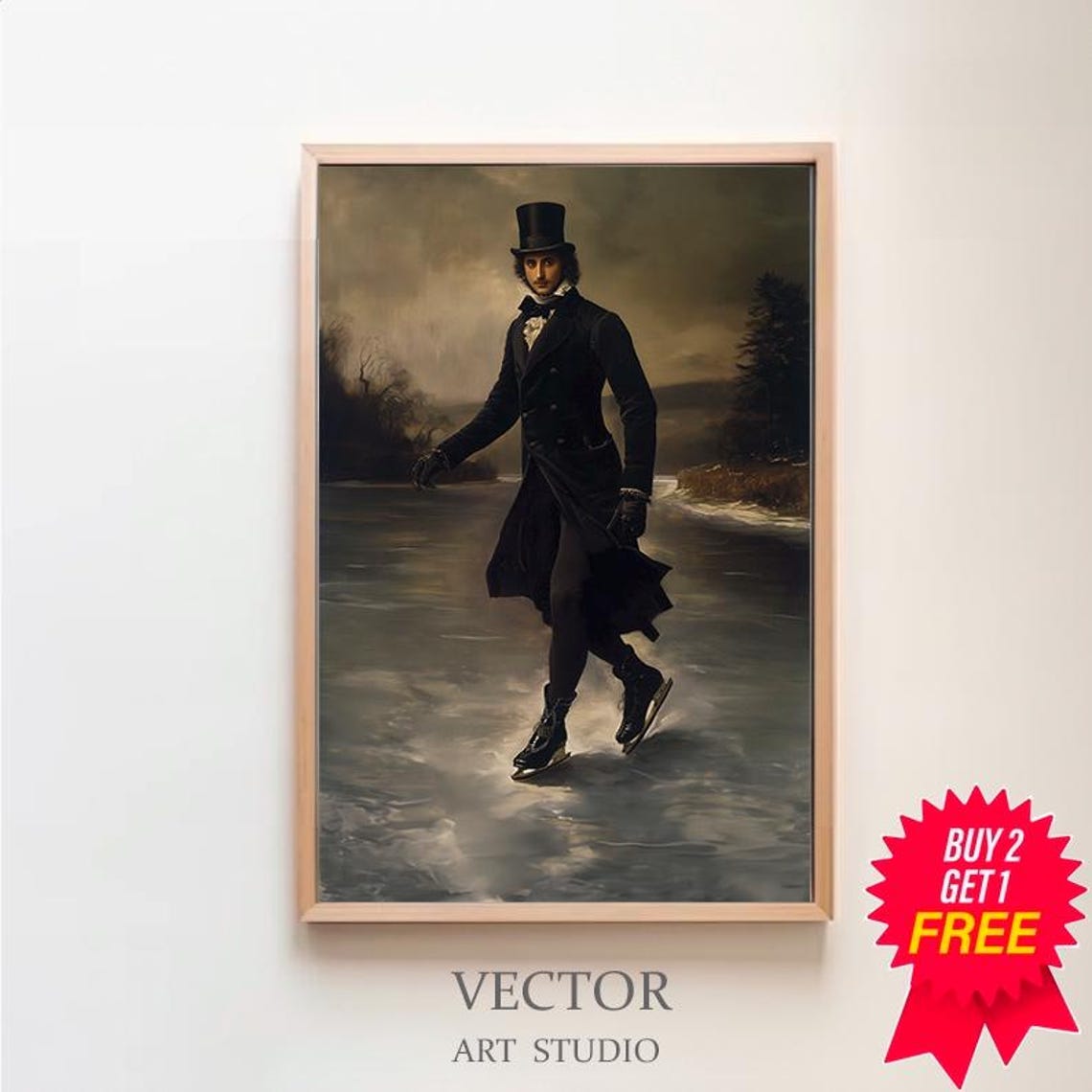 Victorian Gentleman Ice Skating On A Frozen Lake At Dusk Poster