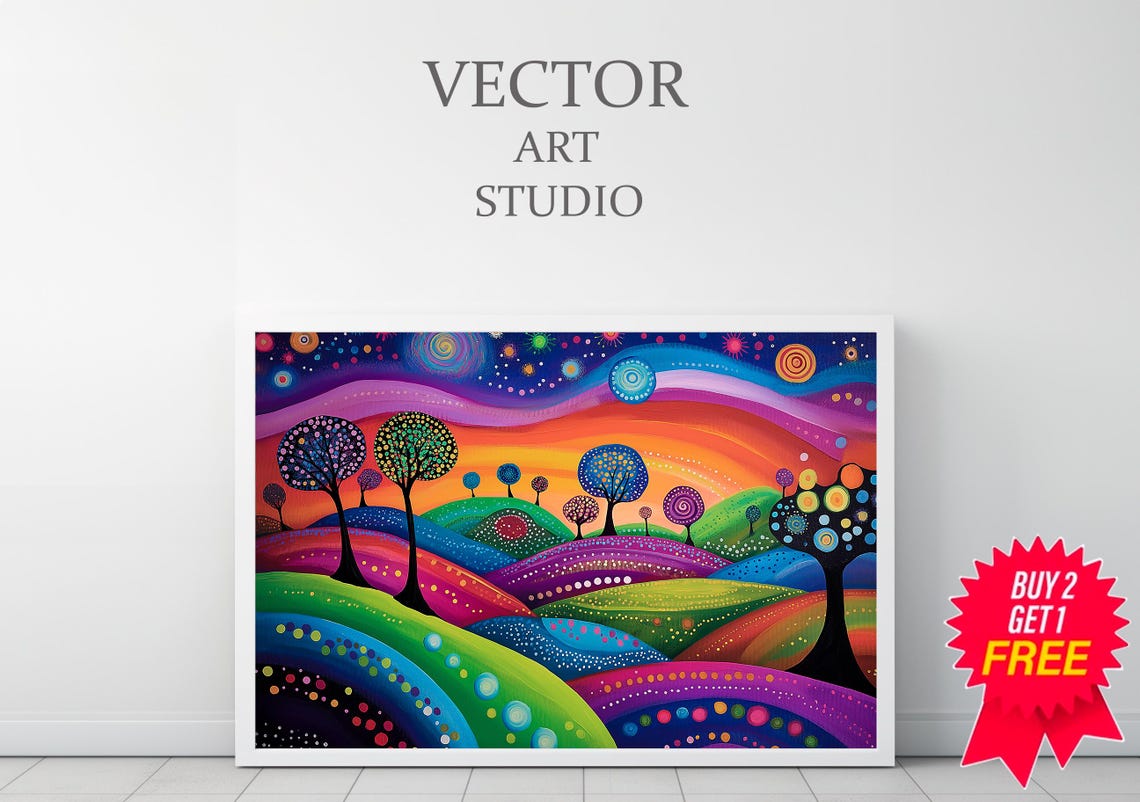 Whimsical Dotted Trees Rainbow Rolling Hills Landscape Poster - Image 3